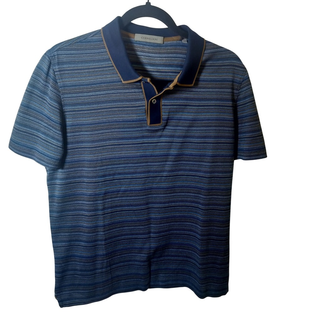 Corneliani Mens Blue Brown Textured Stripe Short Sleeve Polo Shirt Size IT 48